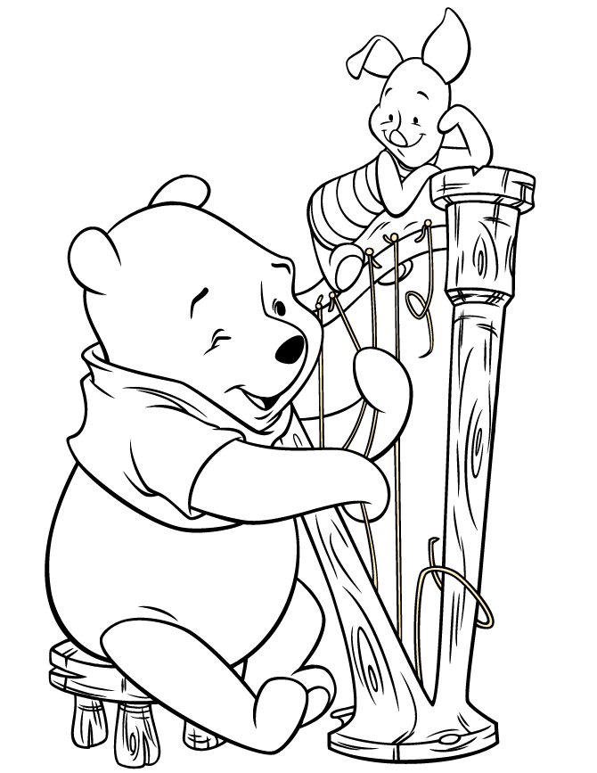 Pooh Playing The Harp Coloring Page