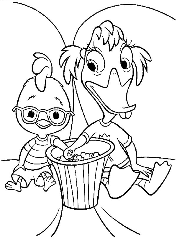 Chicken Little And Abby Eating Popcorn Coloring Page