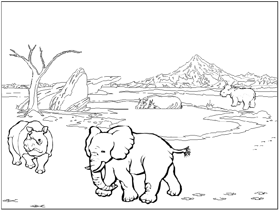 African Animals In The Water Coloring Page