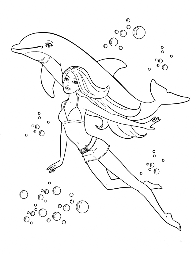 Barbie Swimming With Dolphin Coloring Page