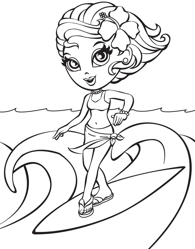 Girl Surfing Coloring Page