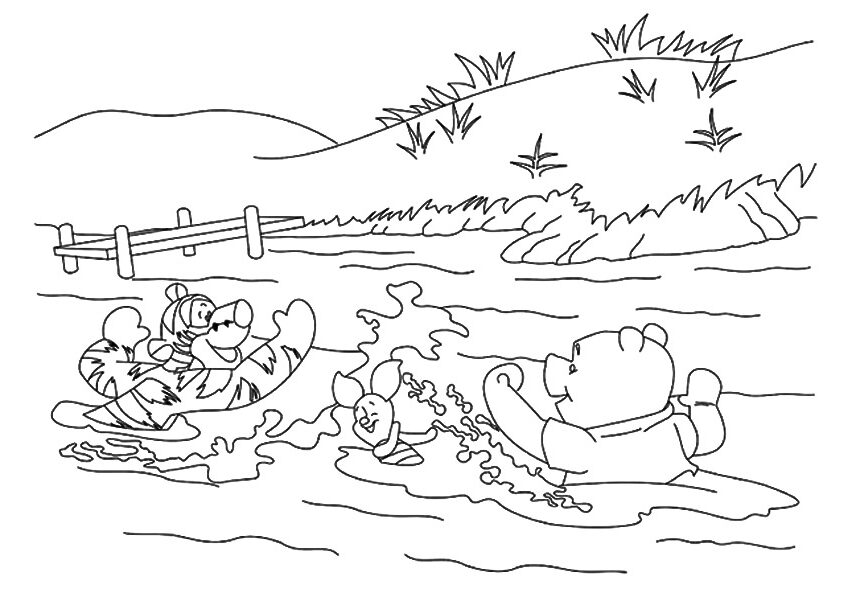 Pooh Bear Swimming Coloring Page