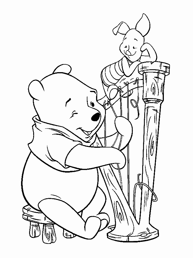 Pooh Playing Harp Coloring Page
