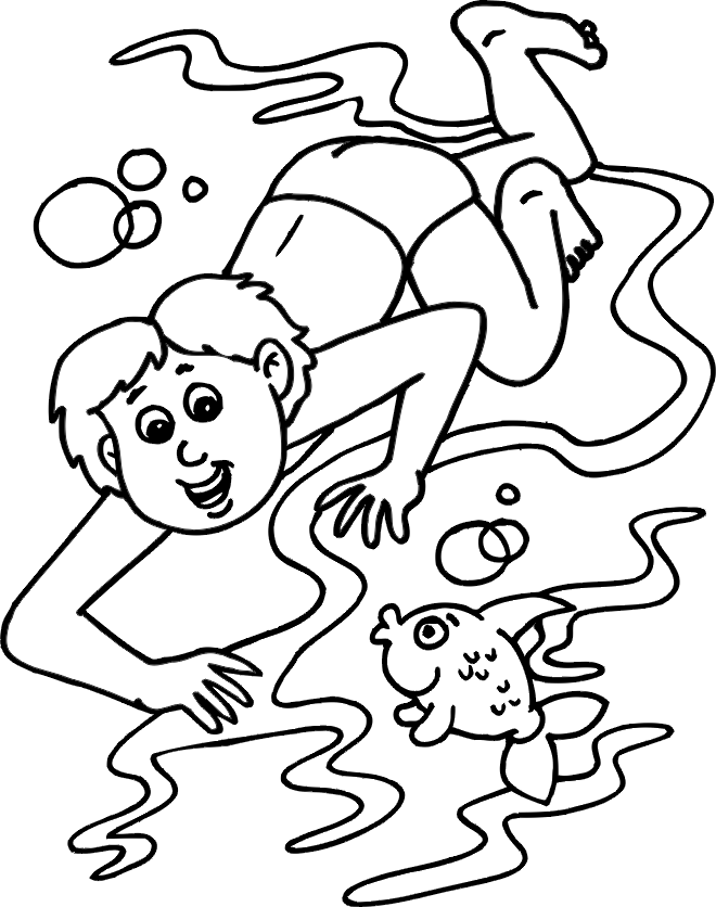 boy swimming coloring page