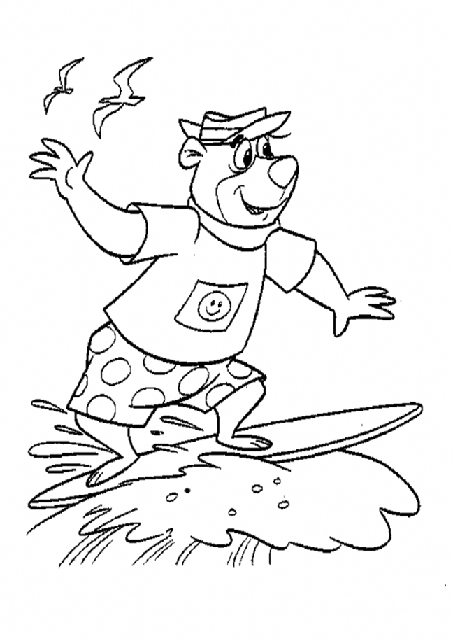 Yogi Bear Surfing Coloring Page