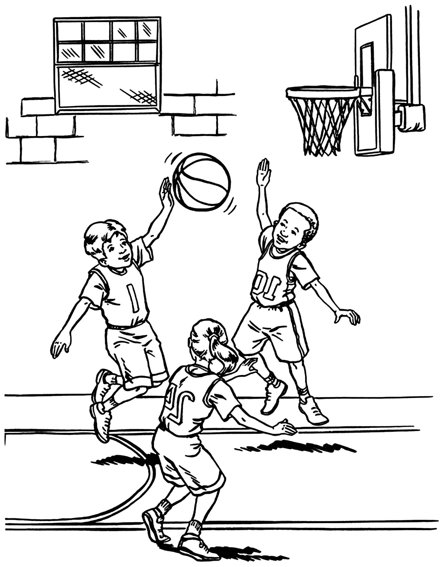 3 Kids Playing Basketball Coloring Page