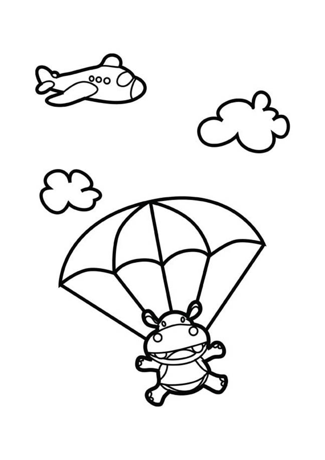 Cute Skydiving Hippo Coloring Page
