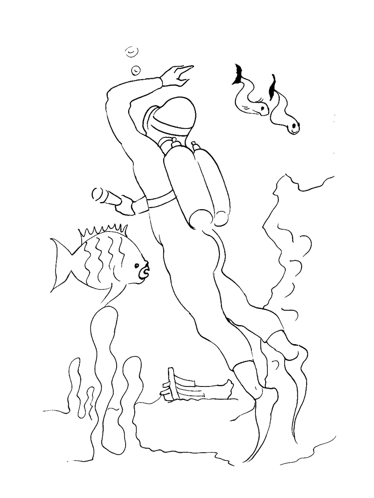 Scuba Diver And Fish Coloring Page