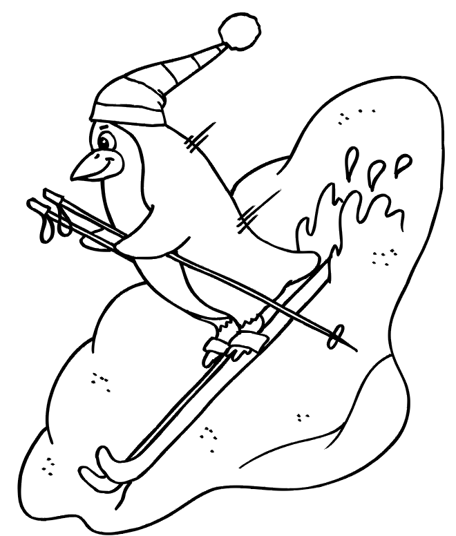 Penguin Skiing Coloring Page