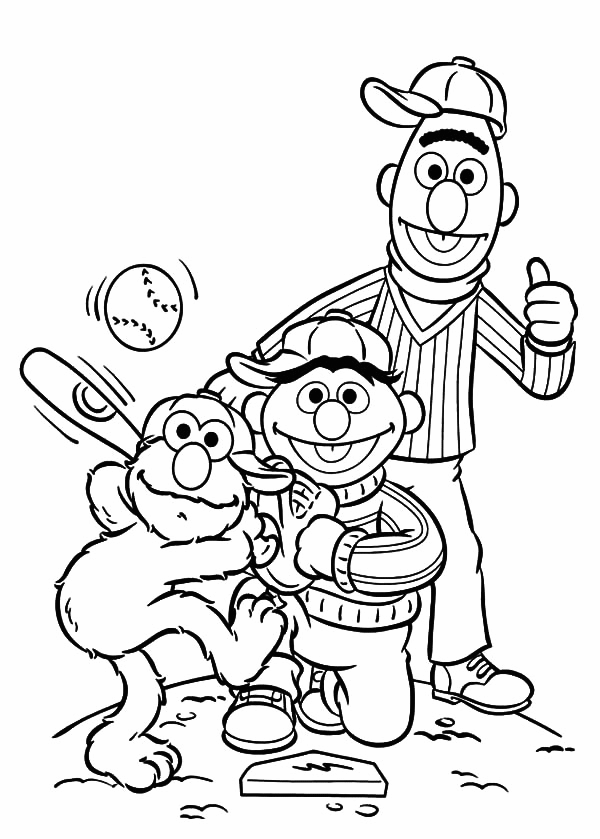 Bert Ernie And Elmo Playing Baseball Coloring Page