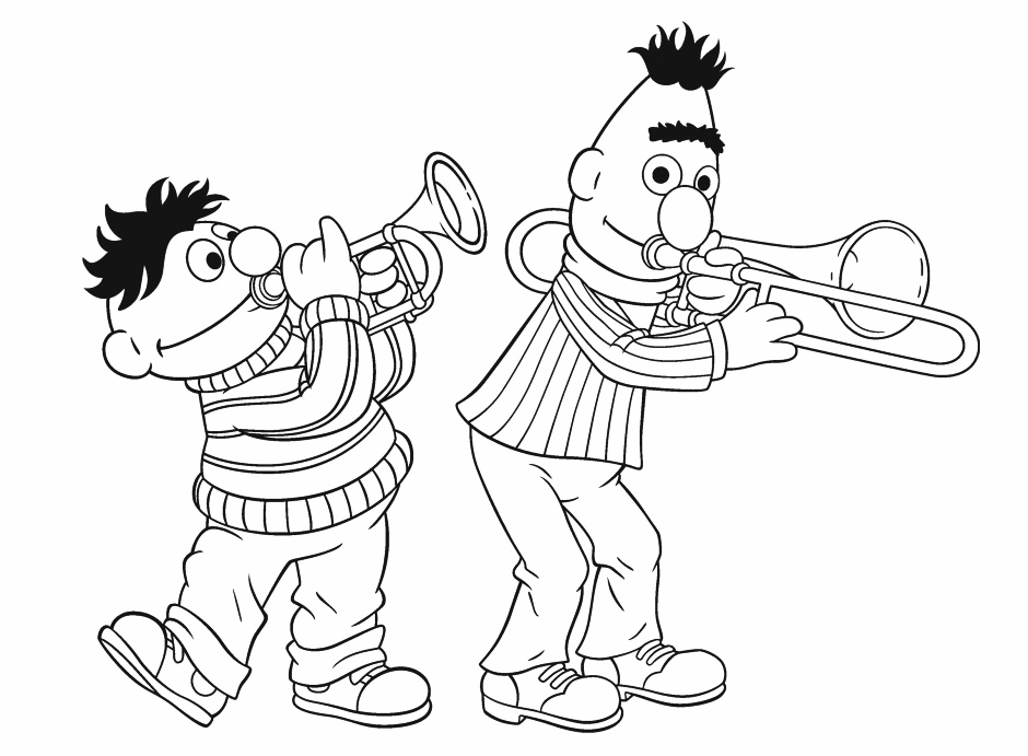 Bert And Ernie Playing Horns Coloring Page