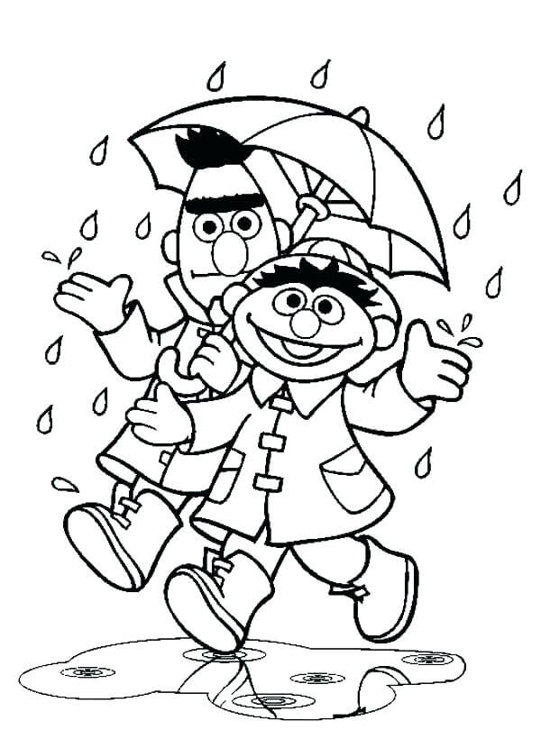 Bert And Ernie In The Rain Coloring Page