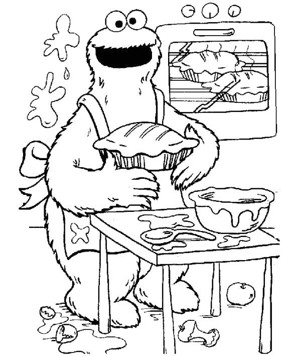 Cookie Monster Bakes A Pie Coloring Page