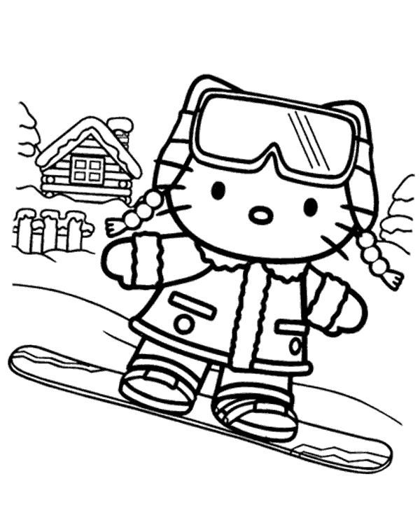 Hello Kitty Snowboarding Coloring Page