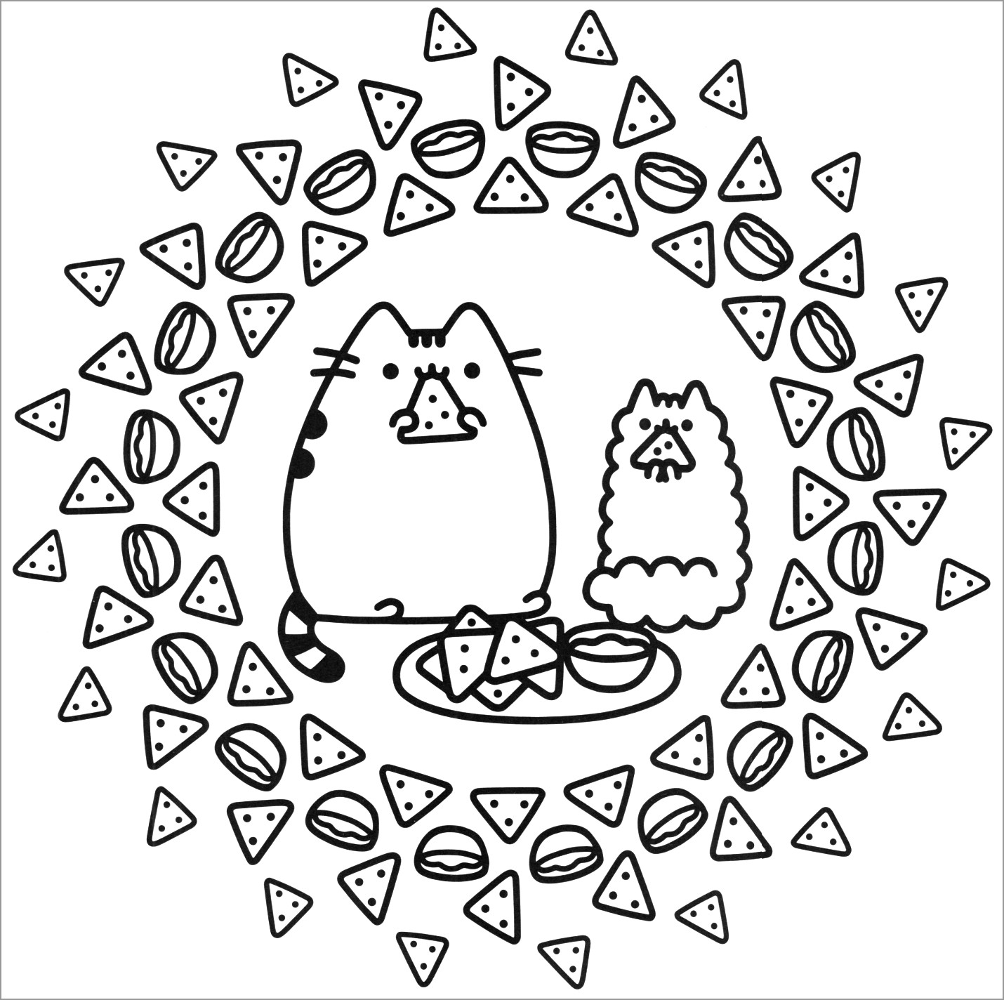 Pusheen Cat Chips Mandala Coloring Page