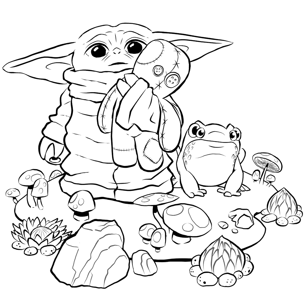 Baby Yoda With Stuffed Animal Coloring Page