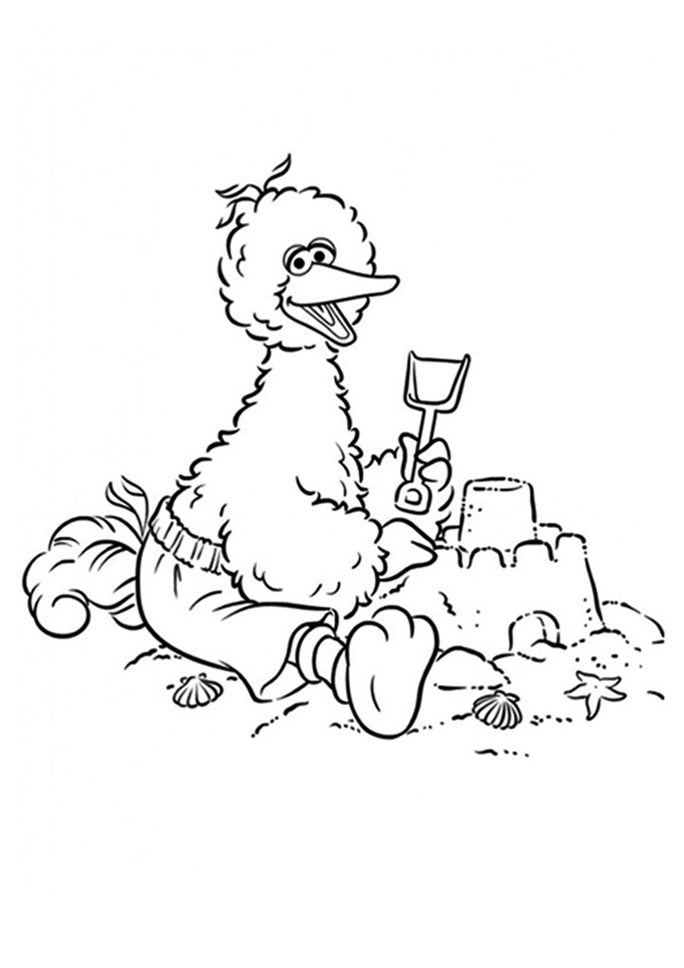 Big Bird Building Sand Castle Coloring Page