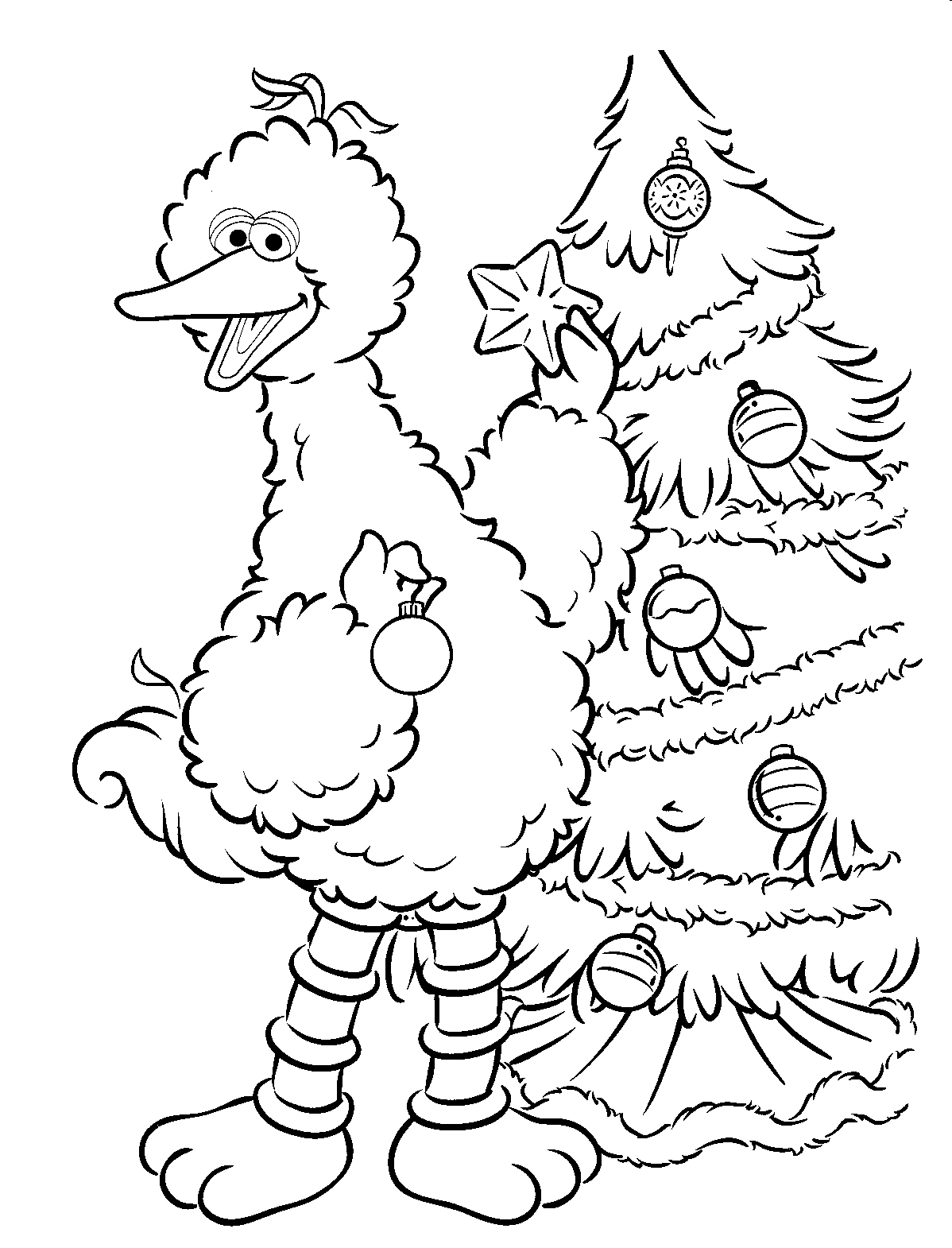 Big Bird Decorating Christmas Tree Coloring Page