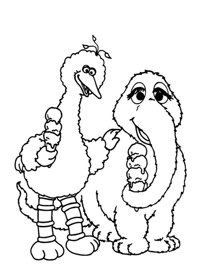 Big Bird And Snuffy Eat Ice Cream Coloring Page