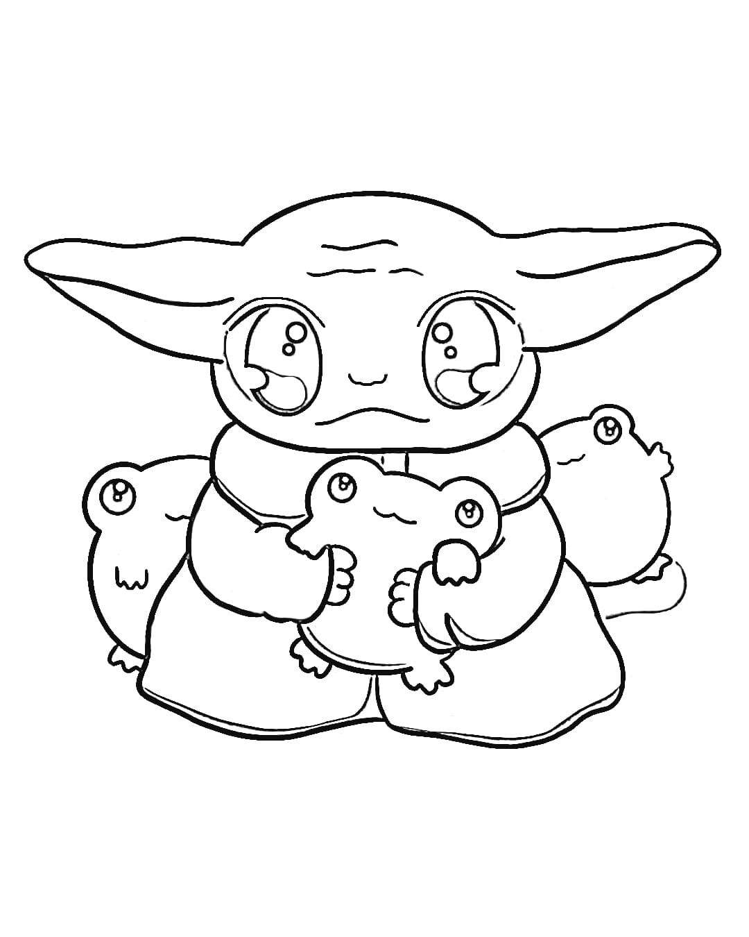 Cute Grogu With Frog Coloring Page