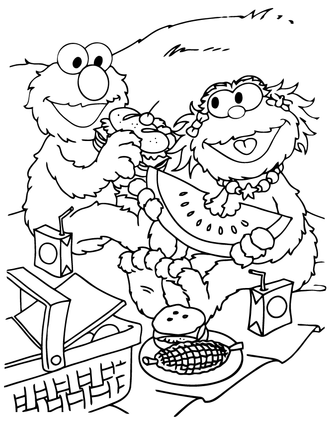 Elmo And Zoey Having A Picnic Coloring Page