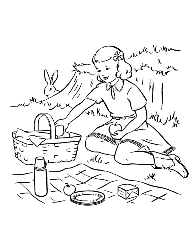 Girl Setting Up Picnic Coloring Page
