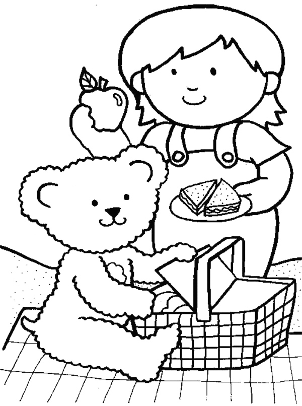 Girl And Bear Picnic Coloring Page