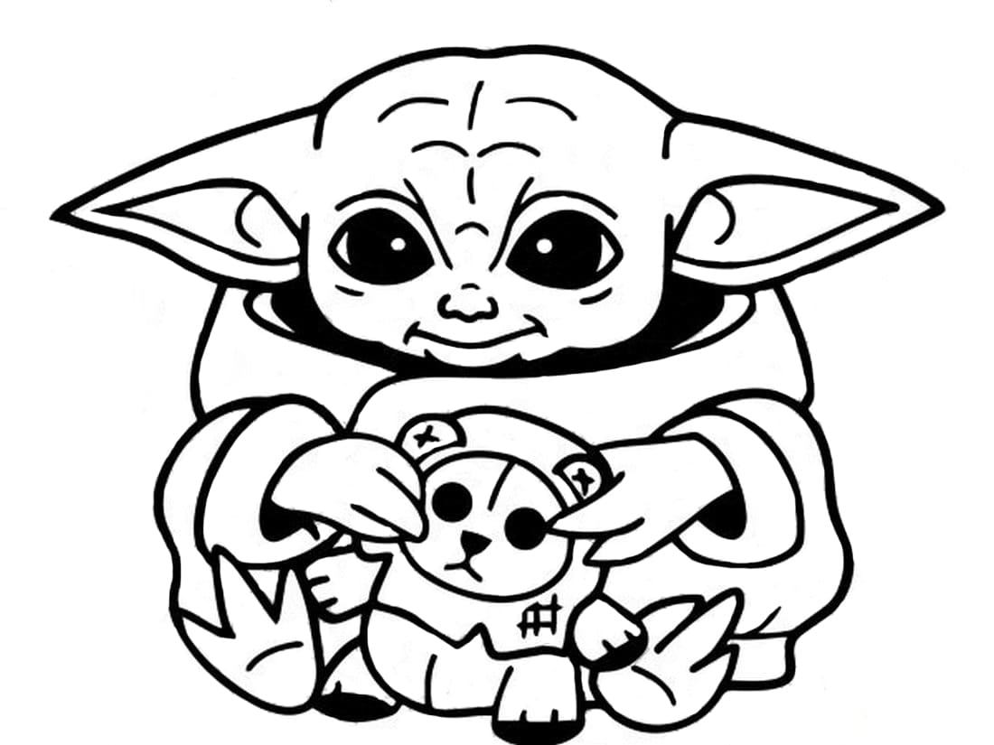 Grogu With Teddy Bear Coloring Page