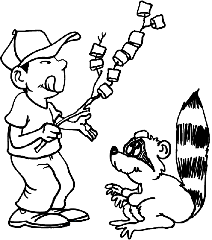Man And Raccoon Roasting Marshmallows Coloring Page