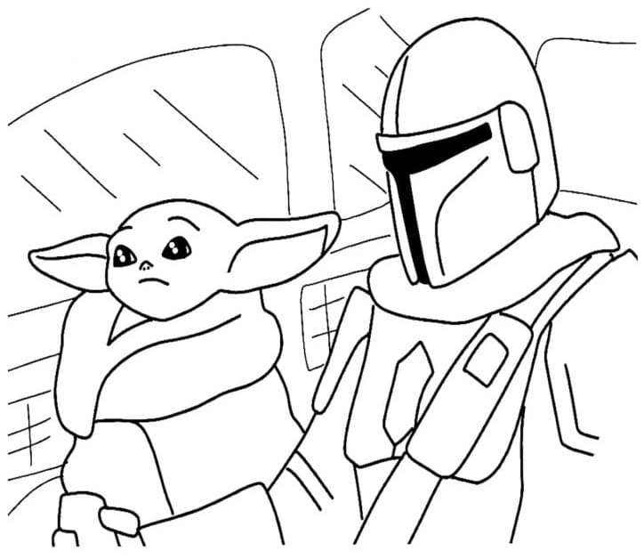 Mando And Grogu In The Ship Coloring Page