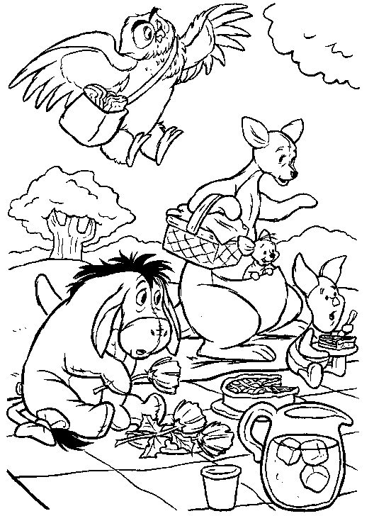 Pooh Characters Picnic Coloring Page