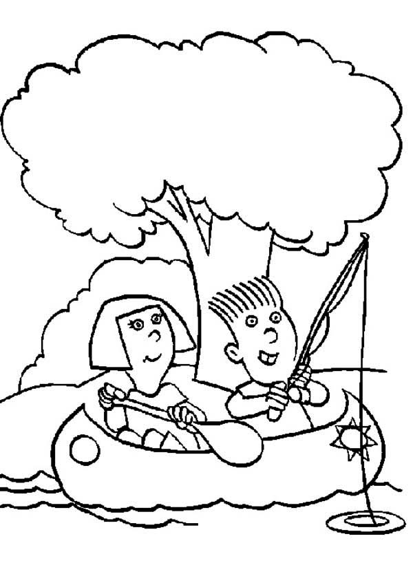 Couple Fishing In Canoe Coloring Page