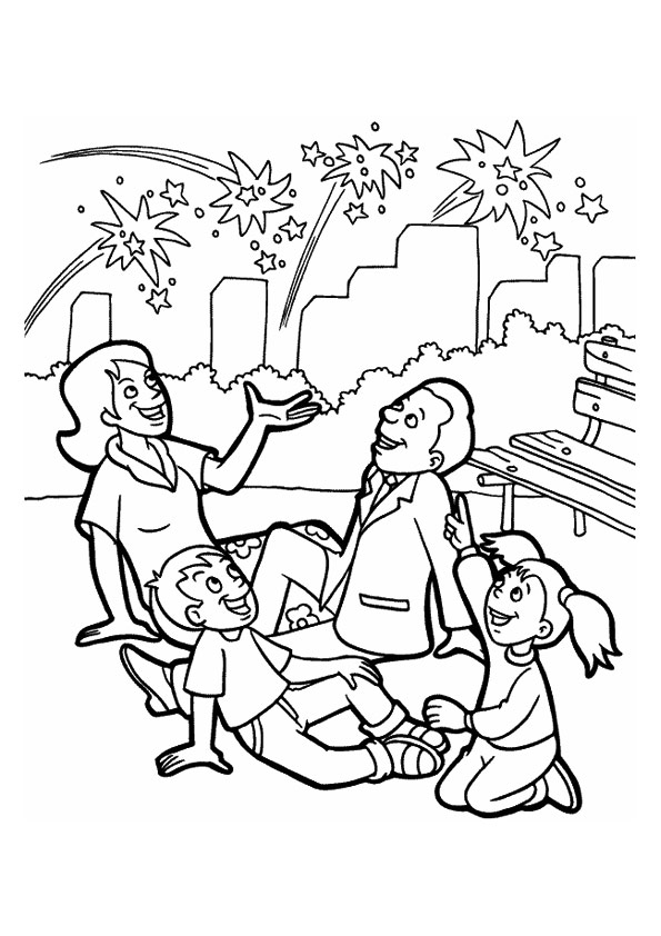 Family Enjoying Fireworks Coloring Page