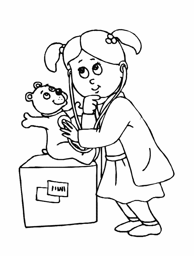Girl Being Doctor To Teddy Coloring Page