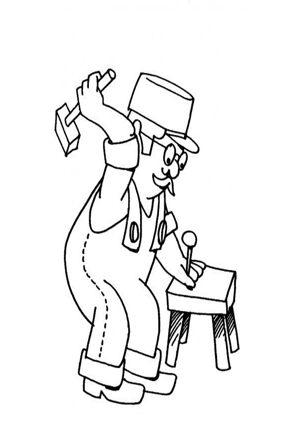 Man In Overalls Hammering Coloring Page