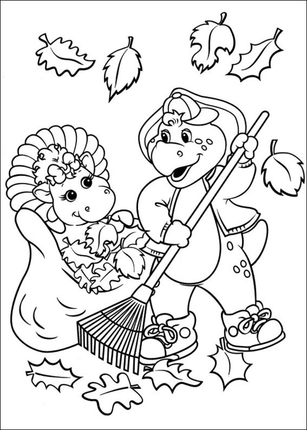 Barney Raking Leaves Coloring Page