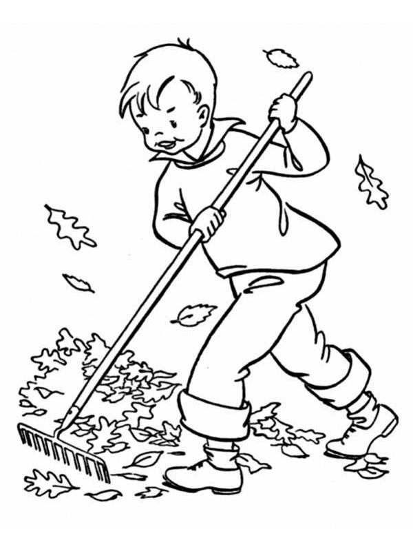 Boy Raking Leaves Coloring Page