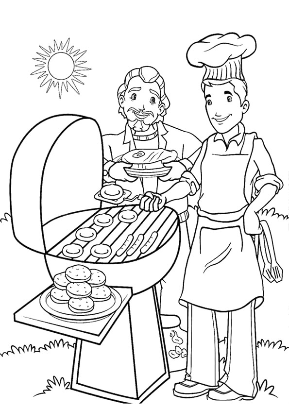 Cartoon Men Grilling Coloring Page