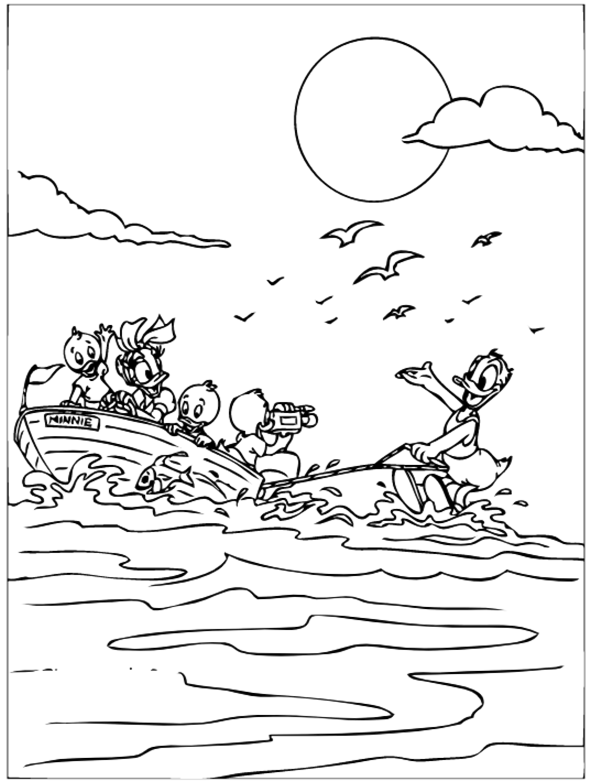 Duck Family Water Skiing Trip Coloring Page