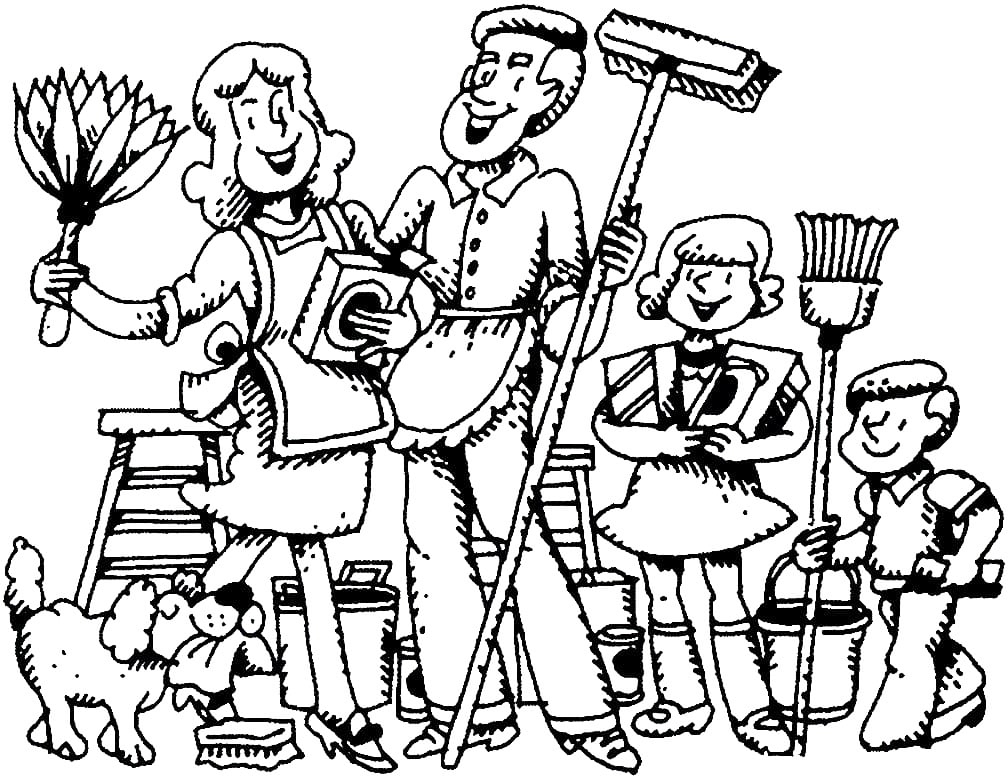 Family Cleaning Coloring Page