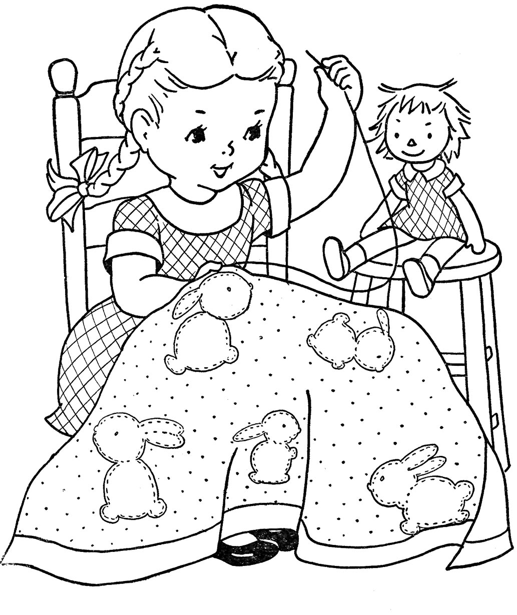 Little Girl Sewing Blanket Coloring Page