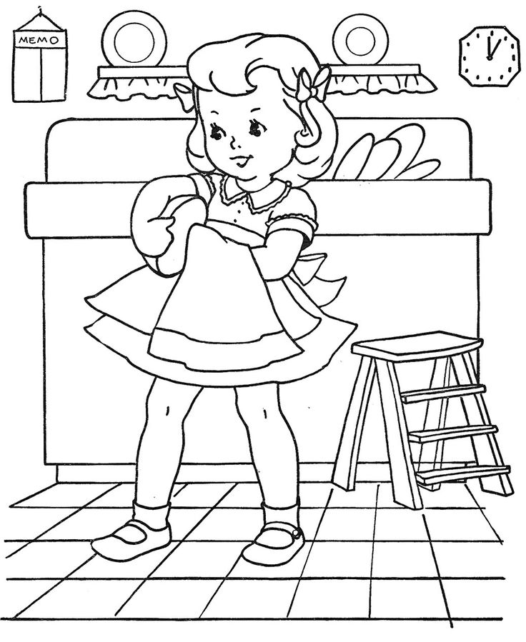 Little Girl Washing Dishes Coloring Page