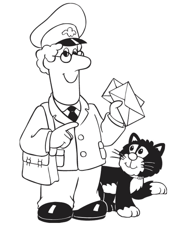 Mailmain With Letters And A Cat Coloring Page