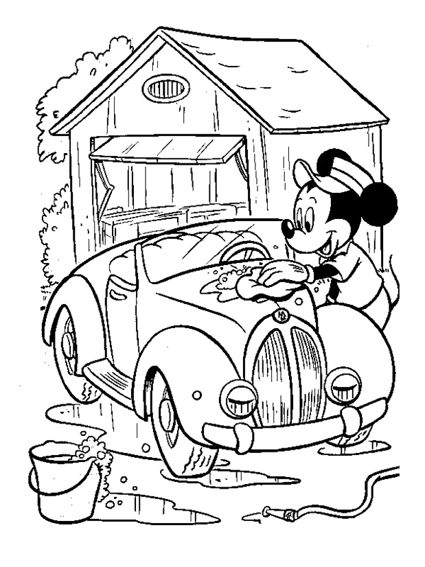 Mickey Mouse Washing His Car Coloring Page