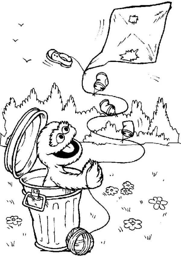 Oscar The Grouch Flying A Kite Coloring Page