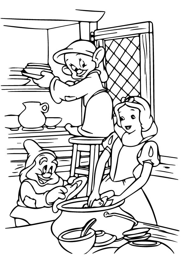 Snow White And Dwarves Washing Dishes Coloring Page