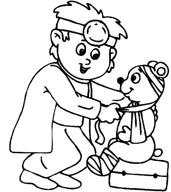 Veterinarian Fixing Cute Bear Coloring Page