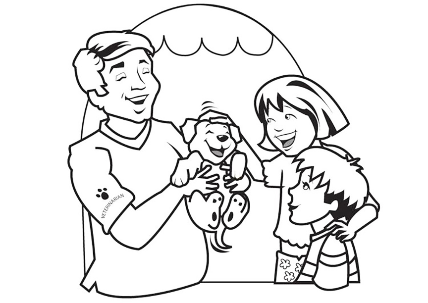 Veterinarian And Happy Dog Family Coloring Page