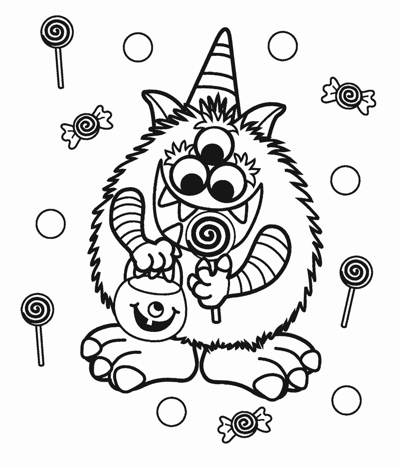 Halloween Monster Eating Candy Coloring Page