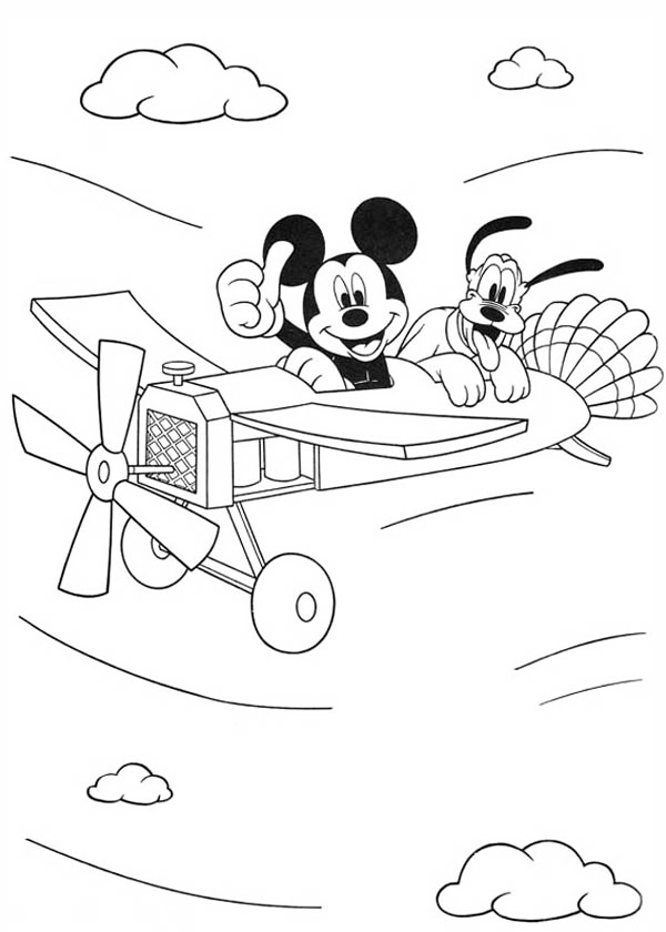 Mickey Mouse Flying Airplane Coloring Page